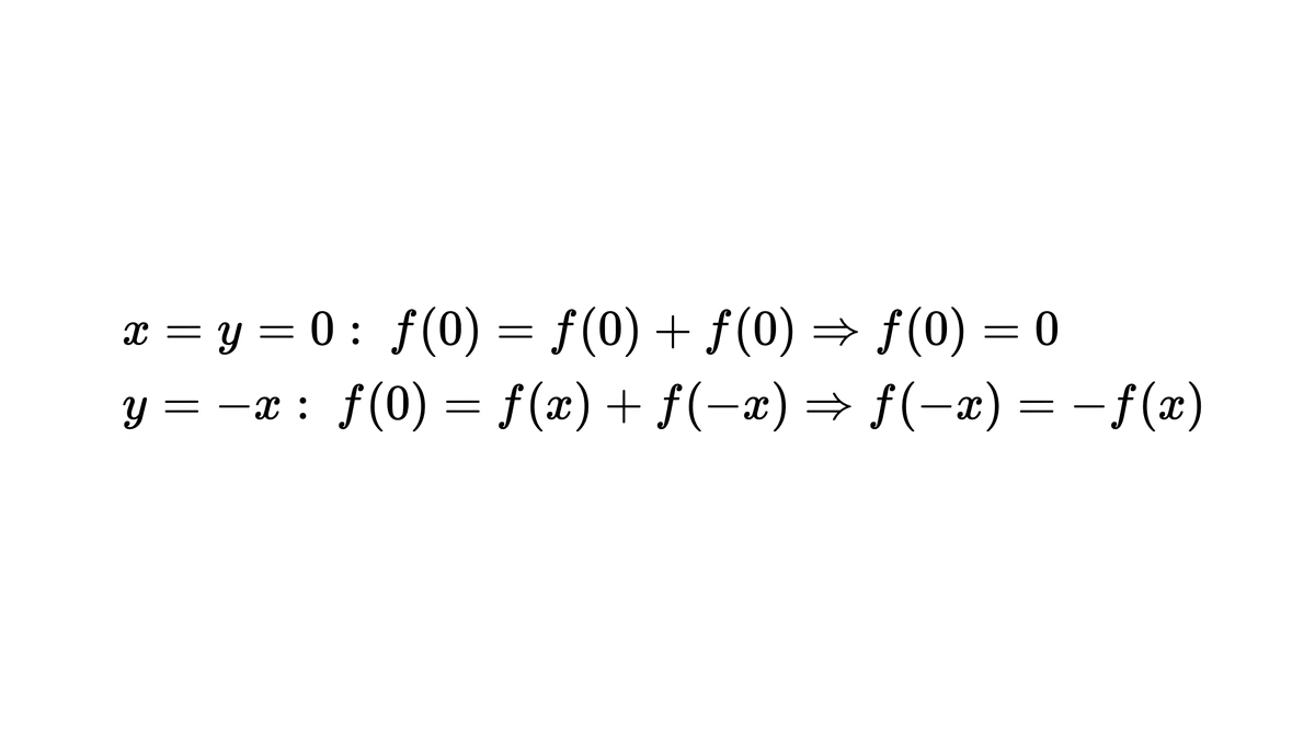 例1两次赋值：令x=y=0得f(0)=0，令y=−x得奇函数