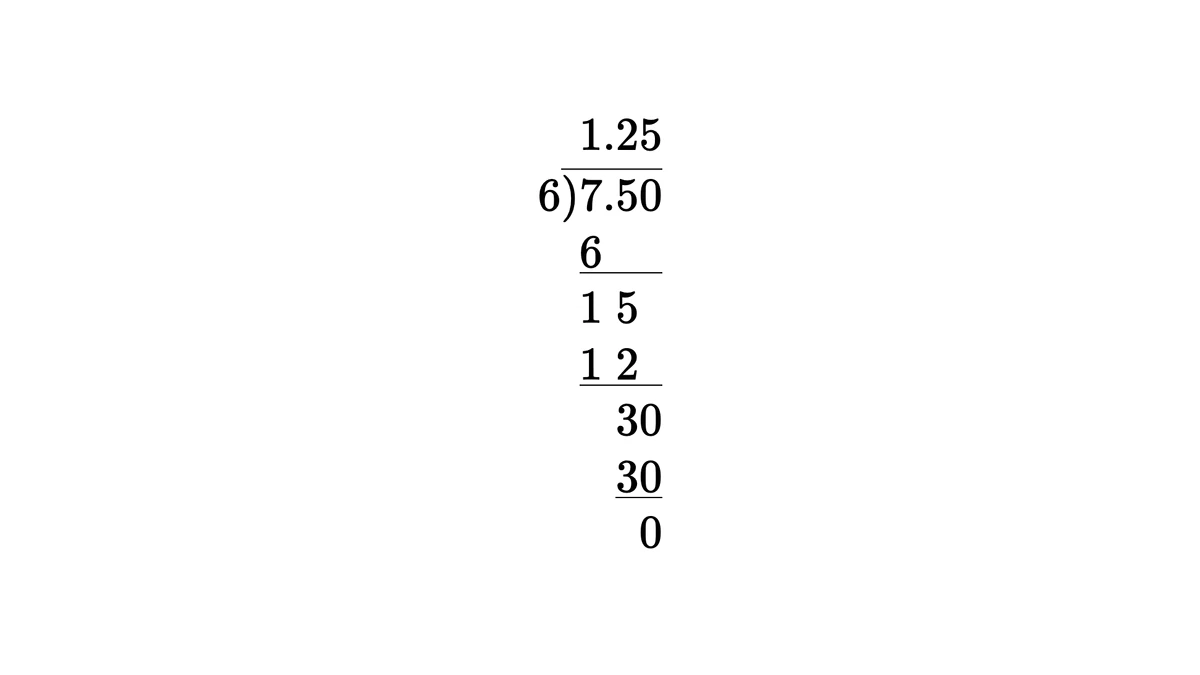 7.5除以6竖式：末尾补0后商1.25