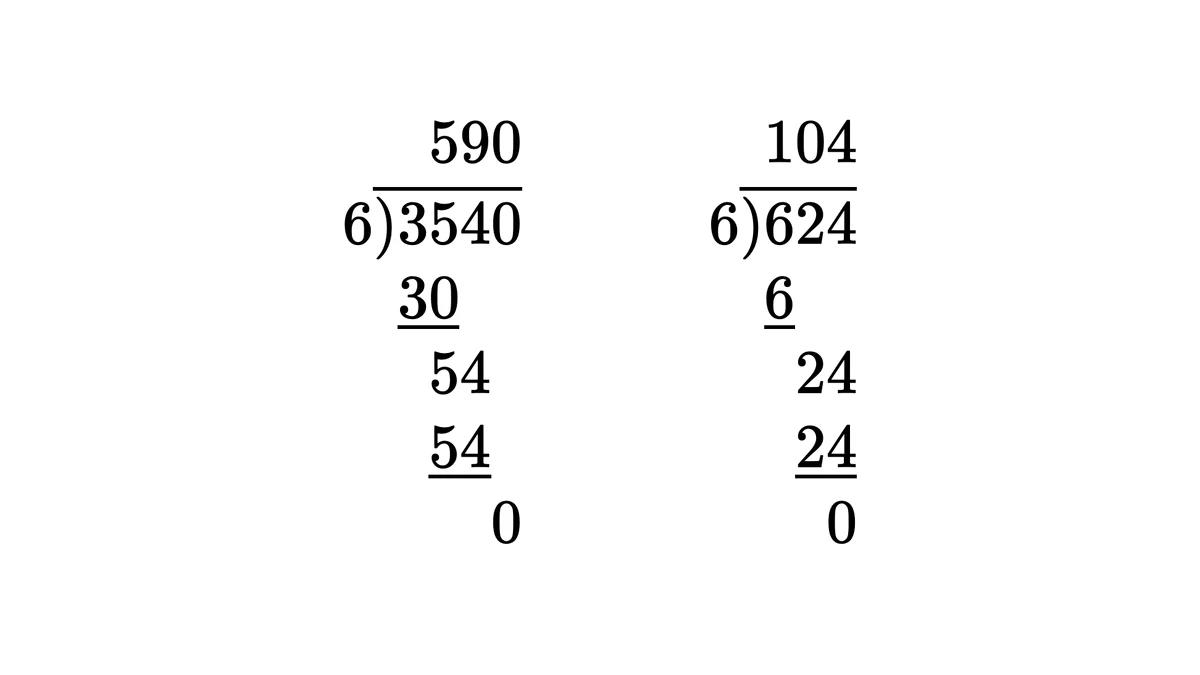 3540除以6商590与624除以6商104两道竖式