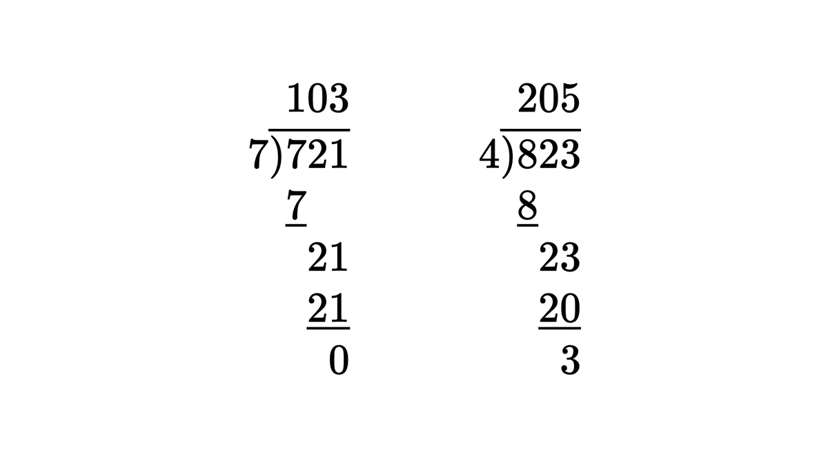 721除以7商103、823除以4商205余3的两道竖式