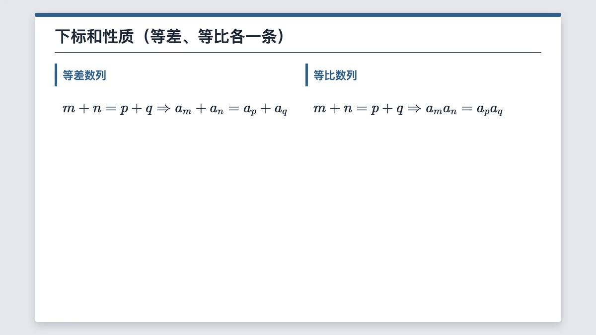 下标和性质：等差数列两项和相等、等比数列两项积相等，各一行