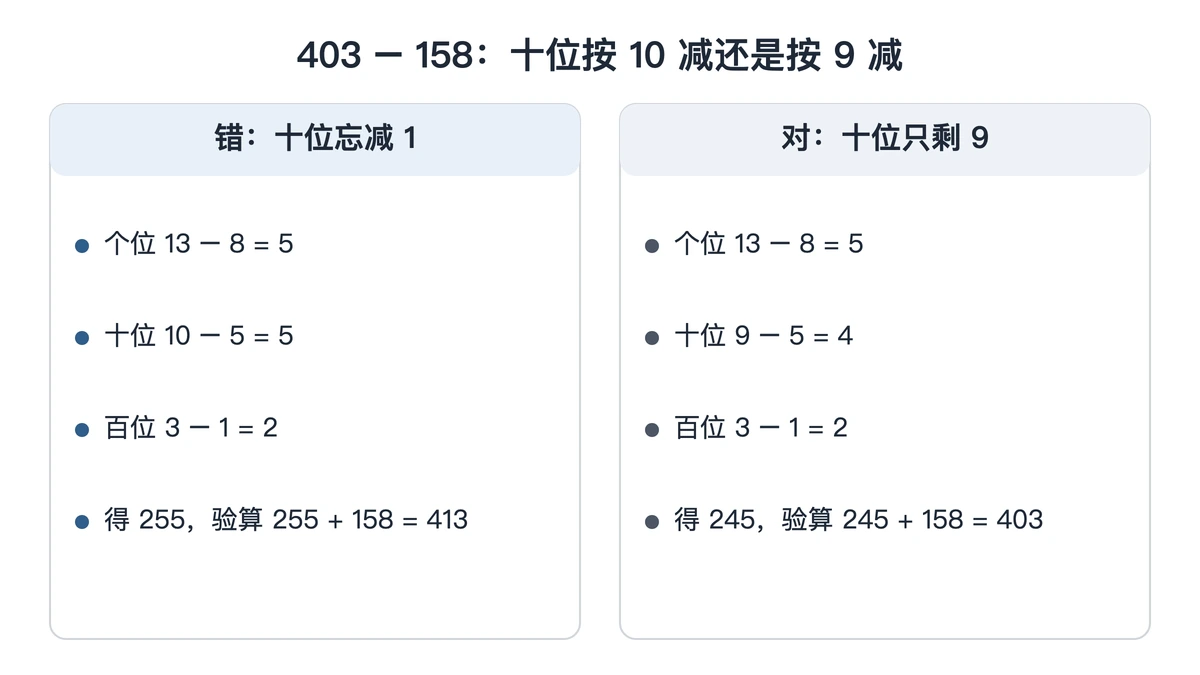 403减158:十位忘减1得255,正确是245