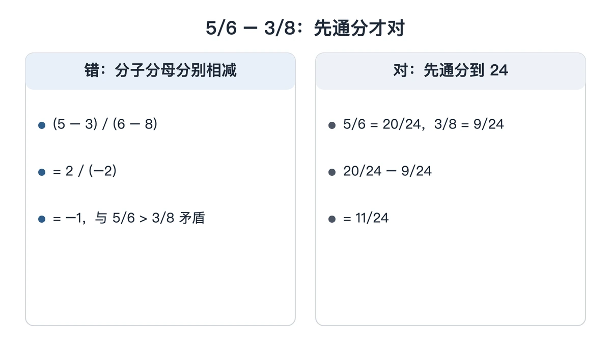 5/6减3/8:分子分母分别相减与先通分两种算法对照