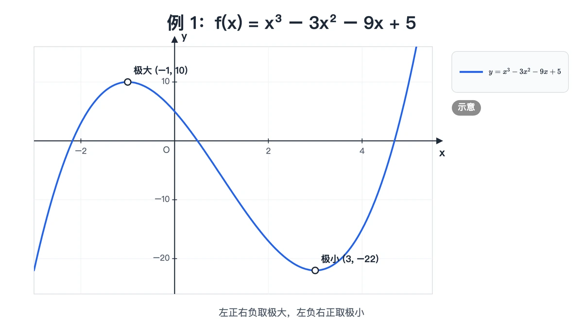 例1曲线:极大值点(−1,10),极小值点(3,−22)