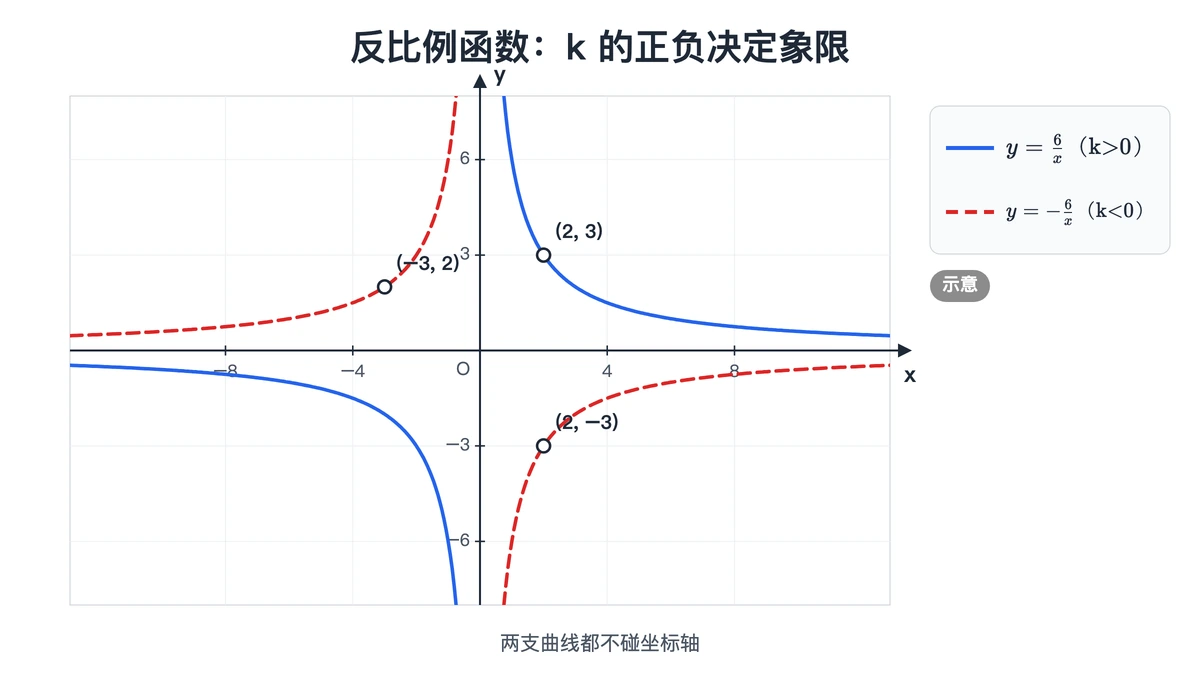 y=6/x的两支曲线在第一和第三象限，y=−6/x的两支在第二和第四象限