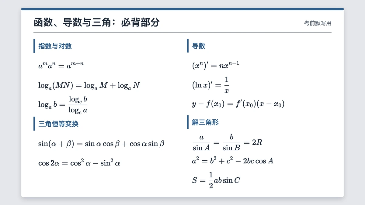 高考函数导数与三角函数必背公式表