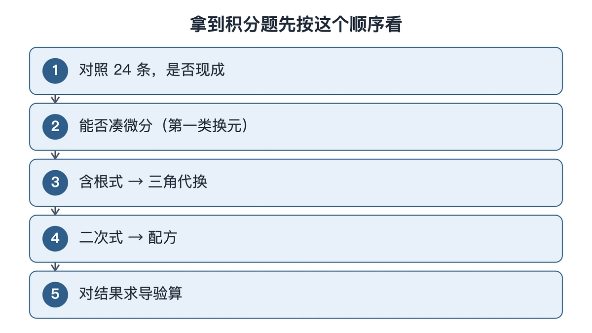 拿到一道不定积分题时的五步判断顺序