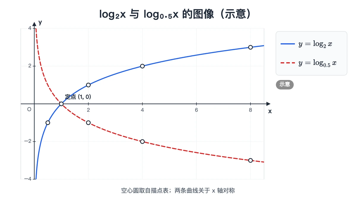 底数2与底数0.5两条对数函数曲线的图像示意