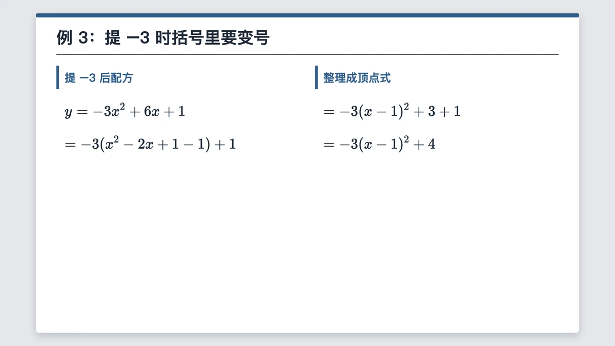 例3把y=−3x²+6x+1配成顶点式的四步