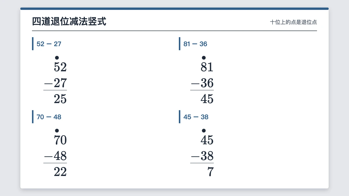 四道退位减法竖式，十位上方带退位点