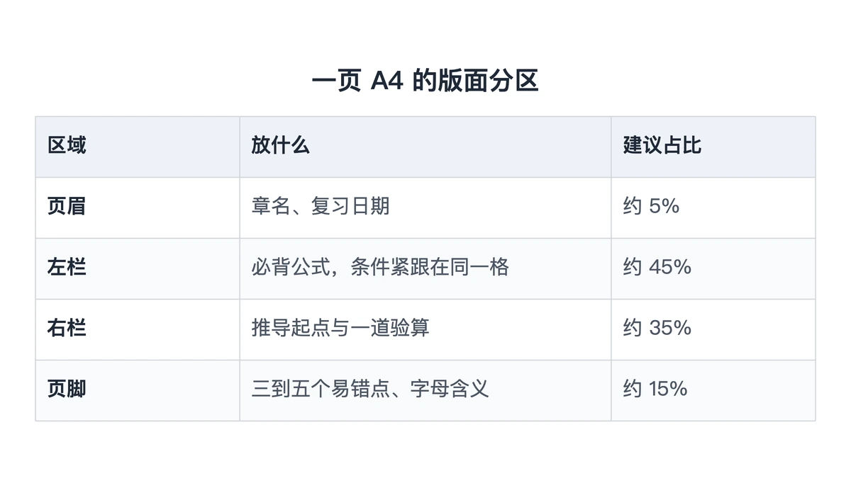 一页A4公式表的四块版面分区与占比