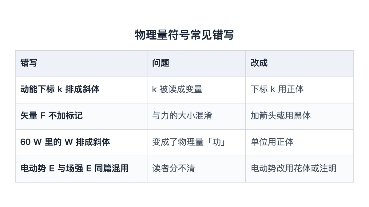 物理量符号常见错写与改法对照表
